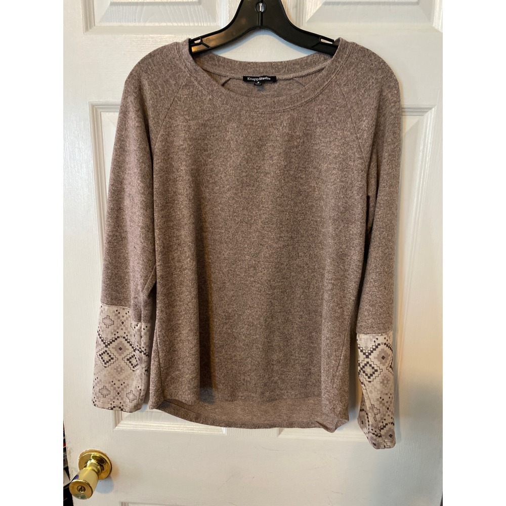 Knapp Studio Womens Small Taupe Marled Knit Top Geometric Printed Cuff Raglan